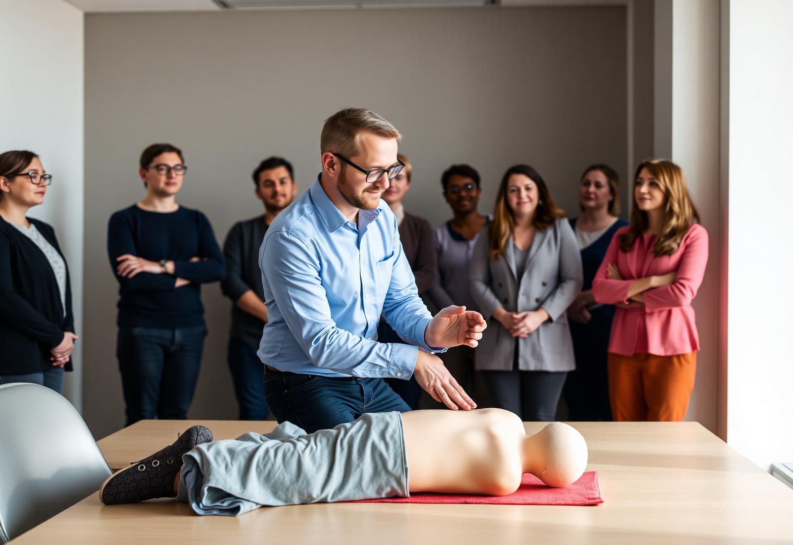 First aid trainer demonstrating CPR to a group of learners
